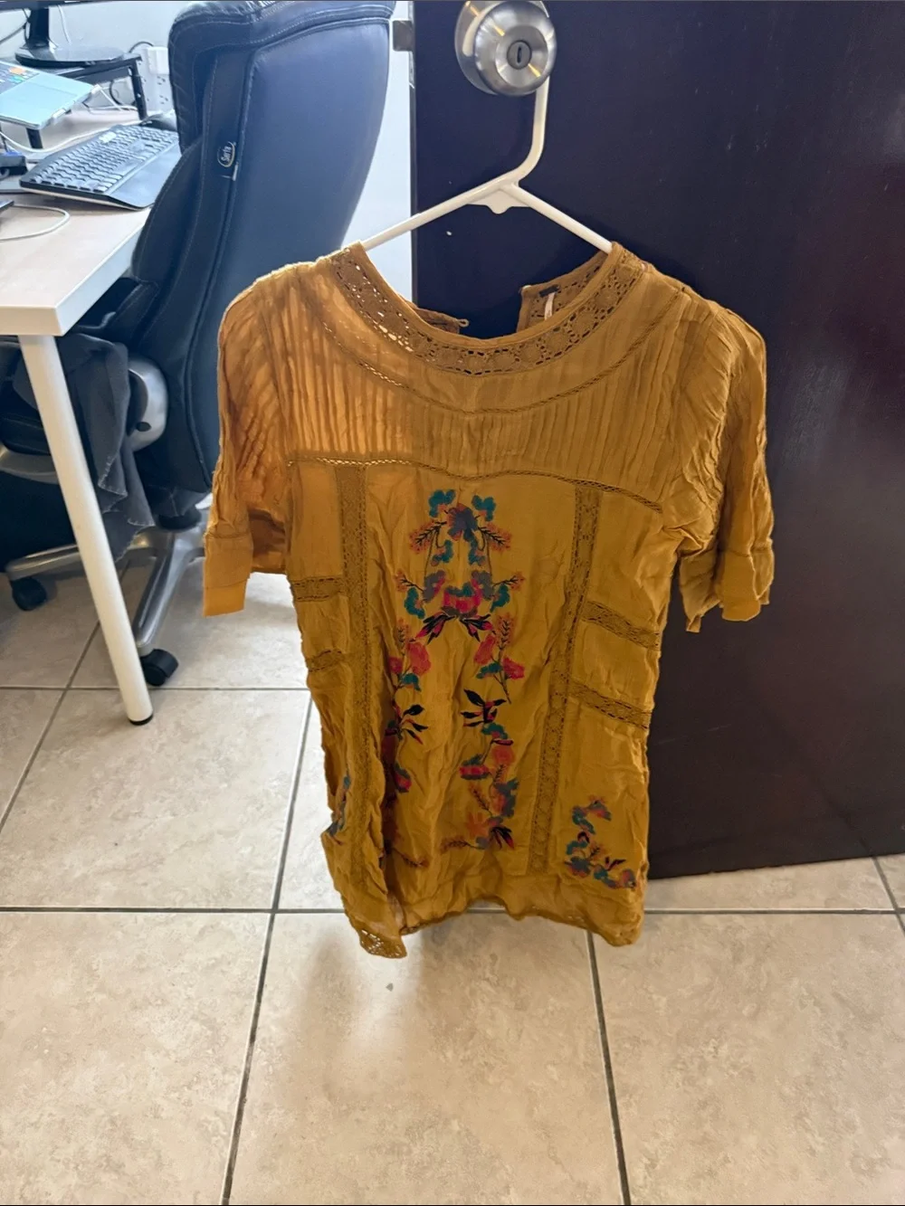 Free People Mustard Yellow Embroidered Boho Blouse